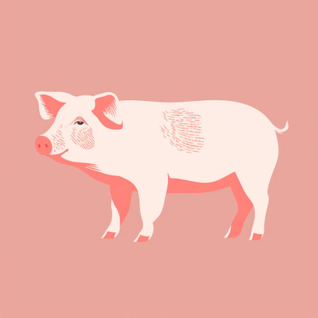 a cartoon pig stands on a pink background, portrayed with minimalist strokes and bold lithographic style. the pig is depicted in dark white and light red tones, resembling naturalistic and atmospheric animal paintings. it exudes a dignified pose, showcasing raw vulnerability. the artwork incorporates classic tattoo motifs, adding a unique touch to the overall composition. ai generatedの素材