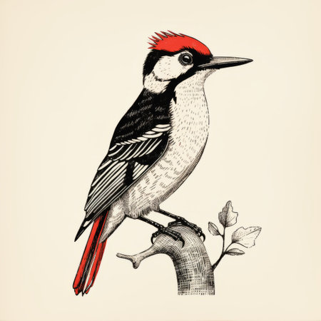 vintage illustration of a red bird perched on a branch with leaves, showcasing the sophisticated woodblock style of black and white realism. this hyper-realistic animal illustration captures the essence of dansaekhwa, creating a visually stunning and detailed portrayal of the bird in its natural habitat. ai generatedの素材