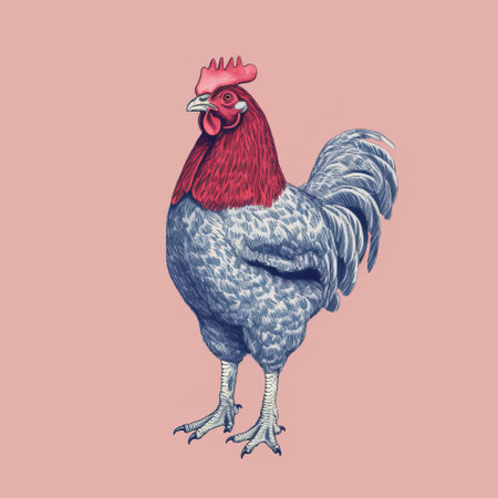 a rooster, depicted in a hyper-realistic style, stands proudly on a pink background. the illustration showcases photographically detailed portraitures with a color palette of light indigo and gray. this editorial illustration captures the essence of the rooster's vibrant feathers in shades of light gray and red. the analog technique used in creating this high-resolution artwork adds to its realistic appeal. ai generatedの素材