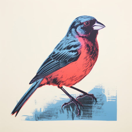 a small red bird perches on a branch, captured in a bold lithographic style. the artwork showcases a combination of light indigo and black tones, creating a hyperrealistic portrayal of the animal. this piece draws inspiration from silkscreen techniques, the washington color school, and wildlife muralism. the result is a bold, colorful, and large-scale depiction of the vibrant bird. ai generatedの素材
