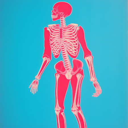 abstract body of human skeleton in blue and red, depicted in a flat perspective style. the photographically detailed portraitures showcase vibrant light pink and cyan fluorescent colors. the use of silkscreening technique adds a matte photo effect to the playful cartoon illustrations. ai generatedの素材