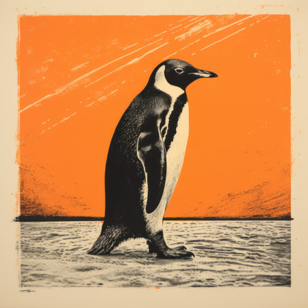 a penguin on the beach is depicted in this bold block print-style drawing. the artwork, inspired by the works of john french sloan and martin ansin, features a combination of dark orange and light black hues. the penguin is portrayed in dignified poses against a high horizon line, creating a captivating visual composition. ai generatedの素材