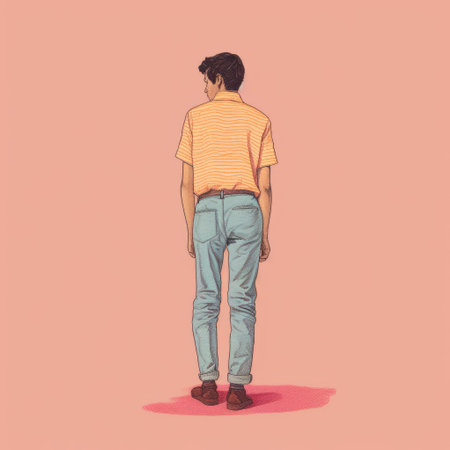 young man standing with his back against a pink background, showcasing a unique blend of artistic styles inspired by josan gonzalez, dan matutina, and robert bechtle. the image captures a realistic perspective with a colored cartoon style, evoking a sense of colorful melancholy and a touch of romanticism. ai generatedの素材