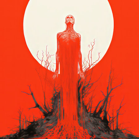 a man stands in front of trees, illuminated by the moon, in an aggressive digital illustration style. the artwork features light red and silver tones, exaggerated anatomy, and a touch of supernatural realism. the character illustrations are slender, detailed, and predominantly orange in color. ai generatedの素材