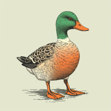 duck illustration in the shape of an art style reminiscent of edward poynter and josan gonzalez. this vector illustration showcases detailed crosshatching, with a color palette of dark orange and light green. the intricate ink illustrations draw inspiration from the works of george stubbs, featuring a combination of light gray and light bronze tones. ai generatedの素材
