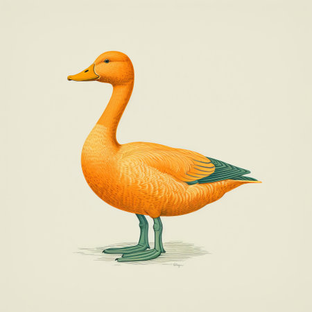 an orange duck, depicted in a cartoon style, is showcased in its natural environment. this illustration draws inspiration from mid-century art, featuring realistic animal portraits with delicate markings and tonal variations in color. the highly detailed and limited color range of this artwork is reminiscent of the style of jean fouquet. ai generatedの素材