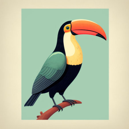 a toucan perched on a branch, captured in an ethereal image reminiscent of flat illustrations and retro visuals. this artwork by john larriva showcases a unique blend of flat and graphic elements, resulting in a realistic yet relief-like portrayal of the bird. the cartoonish character design adds an extra touch of charm to this captivating piece. ai generatedの素材