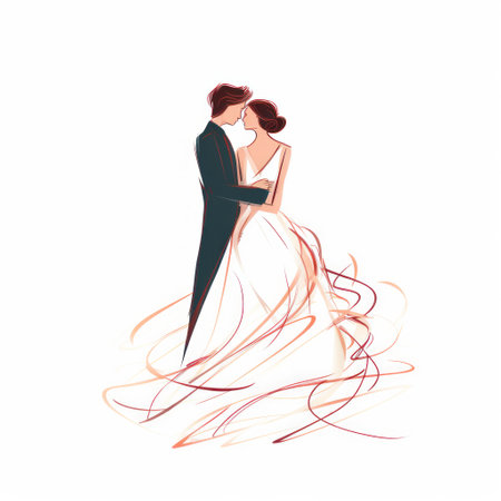 a cartoon wedding illustration featuring a newly married couple. the illustration is created with elegant brushstrokes and flowing lines, using light red and dark amber colors. the composition is dreamy and romantic, with a touch of dance. the illustration also incorporates light white and dark emerald shades, adding depth to the overall image. ai generatedの素材