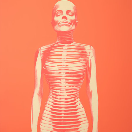 a woman wearing a skirt and a skeleton is depicted in a simplistic vector art style titled "musculature." the artwork features exaggerated proportions and is shot on 70mm film with a horror-inspired theme. the orange background adds a vibrant contrast to the detailed costumes, resembling a glass sculpture. this piece is reminiscent of the kodak aerochrome iii infrared style. ai generatedの素材