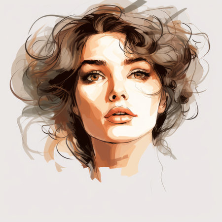 a portrait of a woman with a strong facial expression, depicted in a fluid brushwork style. this wavy and high-resolution illustration captures the essence of celebrity portraits. the gray and amber tones add a touch of romance to the overall composition. ai generatedの素材