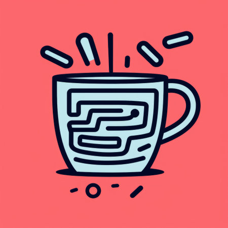 a black and white coffee cup icon with a lava design, featuring puzzling compositions, bold colorful lines, hermitpunk, automatic drawing, light pink and navy colors. this dreamlike illustration captures the essence of sleepycore aesthetics. ai generatedの素材