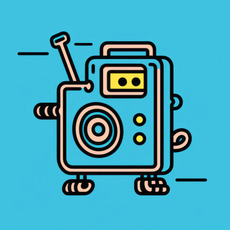 radio icon illustration featuring thin lines and quirky character designs. the illustration is inspired by pop art, with vibrant colors and imagery. it has a unique blend of influences, including the original rolleiflex camera, the quito school, steampunk, and salvagepunk. the colors used are cyan and amber, adding to the overall aesthetic appeal. ai generatedの素材