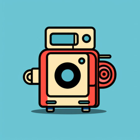 a photo camera flat icon with blue and yellow shadows, featuring quirky anthropomorphic compositions. the style is characterized by light maroon and red colors, exploratory line work, and a nod to animated film pioneers. the machine age aesthetics and silkscreening techniques add a unique touch to this icon, reminiscent of the minolta hi-matic 7sii. ai generatedの素材