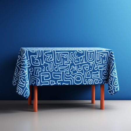 a blue and orange table cover pattern with a geometric design, reminiscent of expressive calligraphy. the dark azure and white colors create a striking contrast. inspired by ndebele art, this tabletop photography showcases simplistic characters rendered in cinema4d, with expressive lines adding depth and visual interest. ai generatedの素材