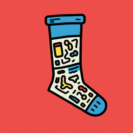 a sock filled with various objects and tools, placed on a red background. this unique image showcases bold strokes and scientific illustration elements, reminiscent of cut and paste art. the color palette features striking gold and cyan tones, enhancing the linear illustrations. the composition exudes a drugcore aesthetic, with a touch of primitive figurines. ai generatedの素材