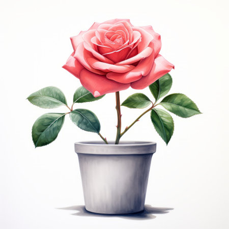 pink rose in a pot on a white background, featuring a realistic portrait painter style reminiscent of chris van allsburg's detailed character illustrations. this stunning image combines elements of realistic surrealism and post-conceptual art, with a color palette of light red and gray. ai generatedの素材