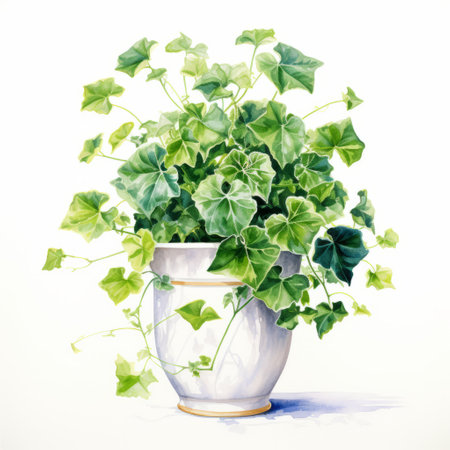 white planter with green ivy leaves, resembling realistic watercolor paintings by jonathan wolstenholme. the classic still life composition is bathed in golden light, capturing the naturalistic proportions. this illustration by miwa komatsu showcases the beauty of the ivy planting, merging artistry and nature seamlessly. ai generatedの素材