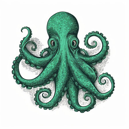 an octopus drawing on a white background, featuring a dark green color palette and intricate textures. this unique artwork combines elements of massurrealism, heavy metal embroidery, and powerful symbolism. the use of pointillist optical illusions adds depth and complexity to the image. ai generatedの素材