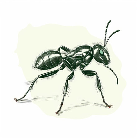 a large green and black ant vector illustration available for 1 credit, priced at usd 1. this artwork is created in the style of fantastic grotesque, featuring loose brushwork and flat shading reminiscent of chinese ink paintings. the design is inspired by the classic tattoo motifs and showcases a distinctive character design. ai generatedの素材