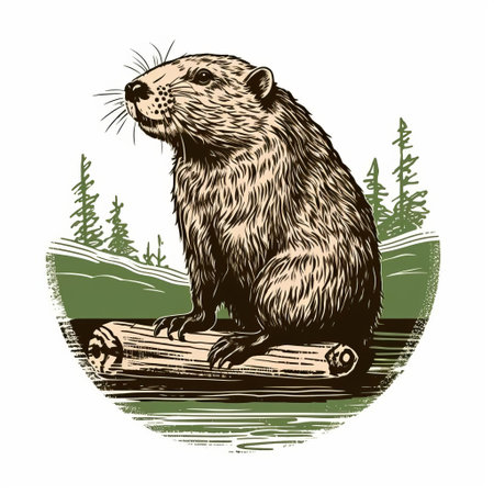a beaver sits on a log in a forest, captured in a vintage graphic design style. the image showcases classic tattoo motifs, gravure printing, and traditional landscapes. with elements of caninecore, the artwork features smooth and curved lines, reminiscent of screen printing techniques. ai generatedの素材