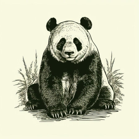 a black and white panda bear is depicted lying down on the ground in this vintage poster-style illustration. the detailed ink design showcases intricate engraving techniques, capturing the essence of the panda's character. the earth tone color palette adds to the overall aesthetic, creating a visually captivating image. ai generatedの素材