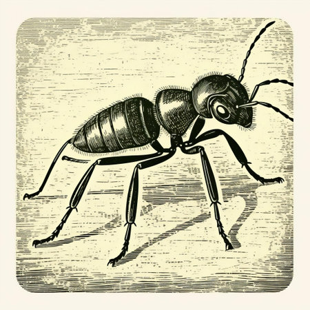 a bug, depicted in a vector illustration with a wood engraving style, showcases a vintage sci-fi vibe. the artwork has a sleek metallic finish and is captured using a lomography lady grey camera. the image draws inspiration from anthropomorphic animals and the dogon art style. discover this unique creation on flickr. ai generatedの素材