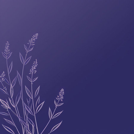 white lavender flowers bloom against a serene blue backdrop in this minimalist line art. the dreamlike illustration features dark, muted colors, with minimalist backgrounds in dark violet and light amber. the naturalistic landscape backgrounds beautifully depict flora and fauna, creating a captivating scene. ai generatedの素材