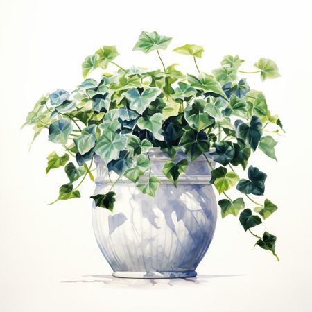 a realistic watercolor painting of a potted plant, featuring light white and light azure tones. the lively tableau showcases vines with dramatic light and shadow, reminiscent of the mori kei style. the classical symmetry adds an elegant touch to this captivating artwork. ai generatedの素材