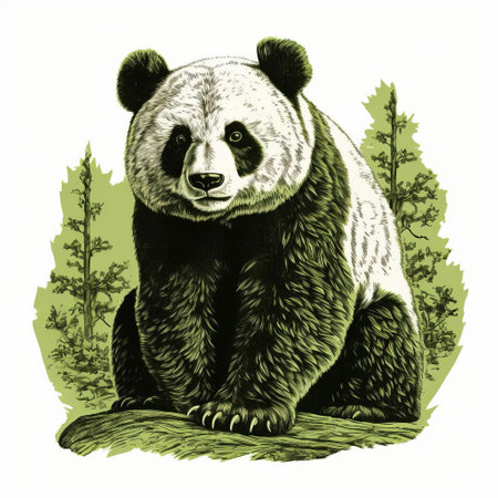 a panda bear, depicted in a detailed engraving style, stands amidst the woods. the artwork showcases a combination of green and black tones, resembling historical illustrations. the silkscreen technique enhances the strong facial expression of the panda, creating a close-up intensity. this artwork embodies dark humor through its graphic prints. ai generatedの素材