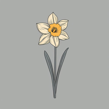 a daffodil flower, depicted in a simple and colorful illustration style, showcases its vibrant black and yellow petals. the image has a historical touch, reminiscent of minimalistic objects found in light gray and beige tones. the detailed depiction of the daffodil brings out the beauty of wildlife, with hints of light crimson and light emerald against a light beige background. ai generatedの素材