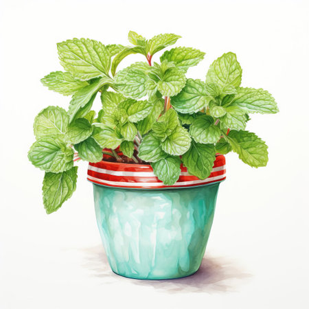a watercolor painting of mint plants in a pot, featuring highly detailed illustrations in a realistic style. the vibrant colors of turquoise and red create a visually striking contrast. the artist, andrew hem, showcases his exceptional attention to detail, capturing the luminous sfumato effect. this masterpiece, with its striped pattern, has earned the title of contest winner. ai generatedの素材