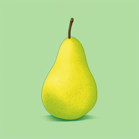 a ripe pear sits on a vibrant green background, reminiscent of satirical illustrations. the minimalist color field adds a touch of simplicity to the image, while the digital enhancement brings out its unique qualities. inspired by the works of frank quitely, jon mcnaught, and lorser feitelson, this photo captures the essence of a whimsical storybook illustration. ai generatedの素材