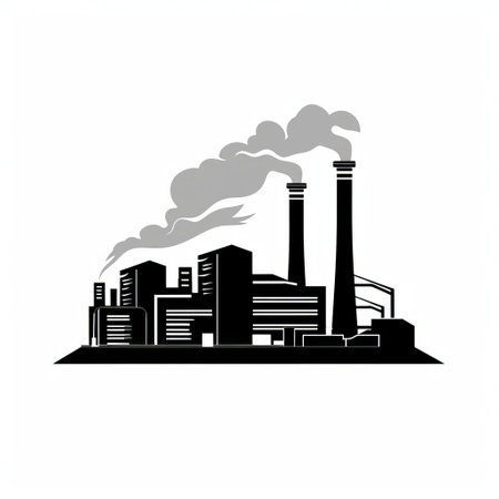 smoke billows out of an old factory in this simplistic vector art image. the silver and black color scheme, reminiscent of paper cut-outs, adds a unique touch. the detailed scientific subjects depicted in the image stand out against the white background. this sustainable design captures the essence of the factory's impact on the environment, set against a striking black backdrop. ai generatedの素材