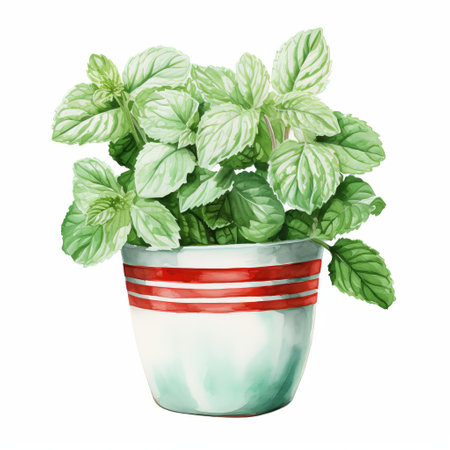 watercolor painting of fresh mint green leaves in a white pot. the background is free and features light red and white color stripes. this meticulously detailed still life is created in the style of caffenol developing and dansaekhwa. the painting showcases realistic detail and a soft sfumato effect. ai generatedの素材