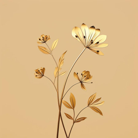 3d gold flower background with a beige backdrop, featuring a flat brushwork style. the image showcases realistic still lifes with harmonious balance. the flowers are depicted in a realistic yet stylized manner, resembling delicate flora depictions. the overall design is minimalistic, resembling metal sculptures with limited shading. ai generatedの素材