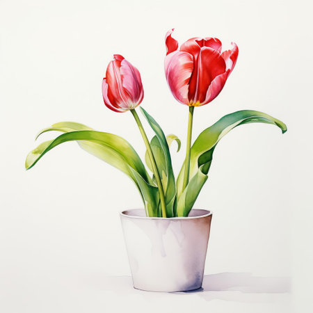 red tulips in a white pot, depicted in a realistic watercolor painting style. the vibrant colors of the tulips are brought to life through colorization, while the use of light and shadow adds depth to the illustration. this artwork combines elements of hyper-realistic animal illustrations with a subtle touch, resulting in a captivating composition. ai generatedの素材