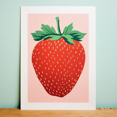 strawberry print pink with a matte drawing style, showcasing bold chromaticity. the light gold and red hues add vibrancy to the intensely detailed design. the simplistic yet captivating illustration features oversized objects, reminiscent of illustrated advertisements. ai generatedの素材