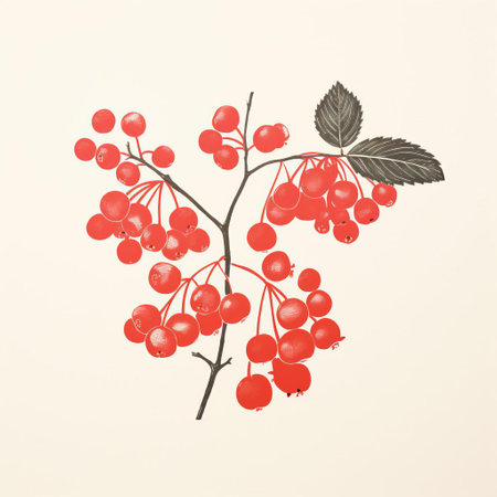 red berries on a bush with leaves attached, captured in a minimalist wood engraving style. the muted and simple composition showcases the accurate depiction of bird specimens. this enchanting image is reminiscent of enamel and lithograph artwork, with its colorful and vibrant illustrations. shot with a leica i camera, it beautifully captures the essence of nature. ai generatedの素材