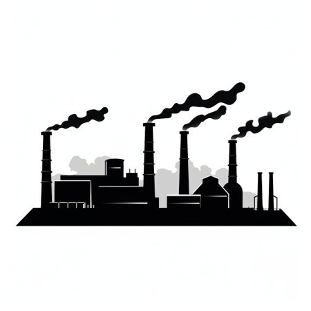 a factory with smoke towers stands tall against a white background, depicted in flowing silhouettes of dark black and silver. this image captures the essence of environmental activism, warmcore aesthetics, and youthful energy. the combination of traditional elements and cut-and-paste style creates a visually striking representation. ai generatedの素材