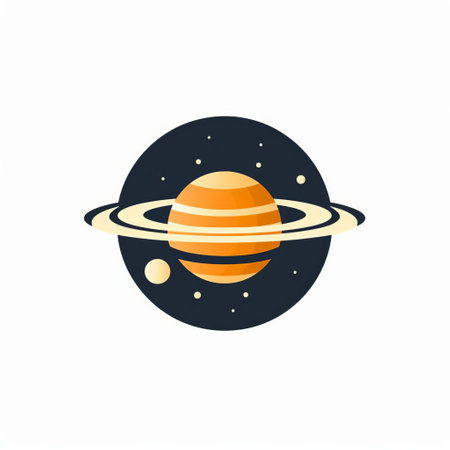 solar system logo featuring an illustration of the moon, sun, and saturn. the vector illustration showcases a light orange and dark emerald color scheme, with flat and modern design elements. the logo is created in a medium format lens style, incorporating dark gray and beige tones. inspired by golden age illustrations, it incorporates classical motifs and themes. ai generatedの素材