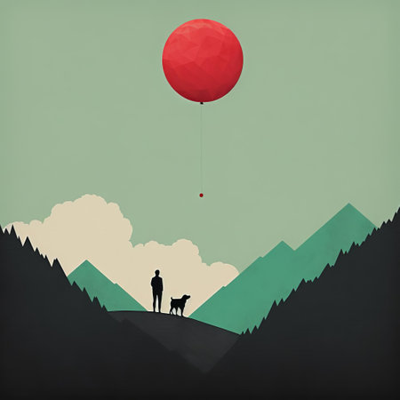 a playful illustrative style photo featuring a hill on the horizon. the vibrant colors of dark red and light cyan create a visually striking image. the photo showcases characterful animal portraits against mountainous vistas, creating a sense of depth through forced perspective. reminiscent of ad posters and precisionist art, this photo captures the essence of a whimsical and captivating scene. ai generatedの素材