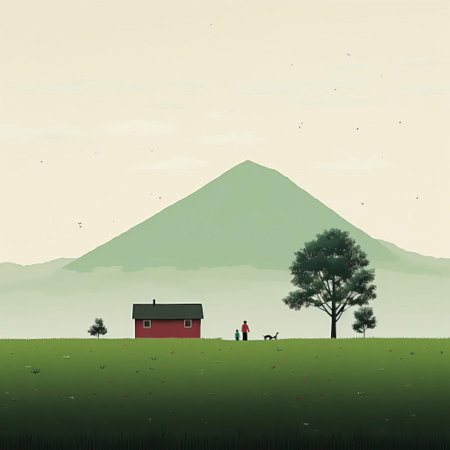 a minimalistic portrait of a house perched on a mountain, featuring a pastoral landscape in shades of dark red and light green. this everyday life scene is captured in a hazy, childlike illustration style, creating a captivating and nostalgic atmosphere. enjoy the uhd image quality of this picturesque view. ai generatedの素材