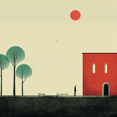 a red building surrounded by trees arranged in a circular shape, reminiscent of the artistic styles of emiliano ponzi, gabriel pacheco, and gertrude abercrombie. the image captures everyday life with a solarization effect, giving it a comic strip style. ai generatedの素材