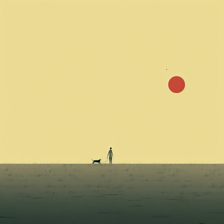 a dog walks behind a man in the sunset, showcasing a minimalist illustration inspired by japanese-style landscapes. this artwork captures the essence of solarpunk with its sparse and simple composition. the light yellow and red hues create a striking contrast of scale, adding depth to the scene. ai generatedの素材