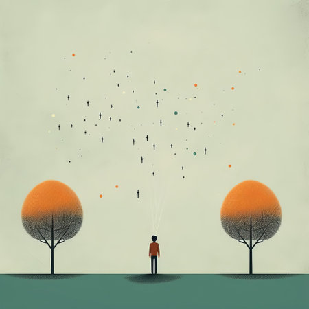 a person stands amidst a grove of vibrant orange trees, reminiscent of psychological phenomena illustrations. the scene is adorned with confetti-like dots and minimalistic objects, creating a misty atmosphere. the composition is influenced by mid-century illustration, incorporating forced perspective. this captivating artwork is created by the renowned stars art group xing xing. ai generatedの素材
