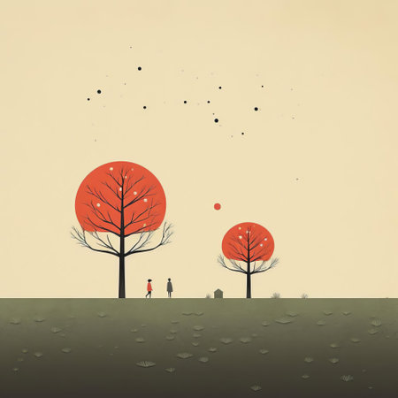 a photo of a couple of trees in a field, featuring cartoon-like figures in the style of dan matutina. the illustrations depict psychological phenomena and showcase a balance of light red and light gray colors. the detailed artwork incorporates traditional japanese artistic techniques, resulting in a visually captivating and geometrically balanced composition. ai generatedの素材