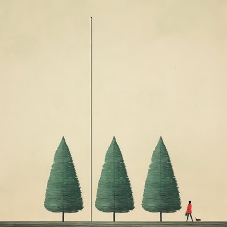 five urban minimalism illustrations of a tree line featuring six trees. these illustrations showcase forced perspective and illustrative storytelling, depicting realistic everyday life scenes. the artwork incorporates vibrant red and green colors, capturing inclement weather conditions. the precise geometries add a touch of precision to these captivating illustrations. ai generatedの素材