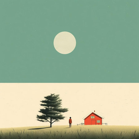 an illustrator's creation depicts a minimalist color field style short story set on the moon. the artwork features a tree and a house, with rustic figurative elements. the color palette includes light cyan and red, reminiscent of seaside vistas. influenced by artists such as ferenc pinter and daniel merriam, the illustration exudes a sense of zen minimalism. ai generatedの素材