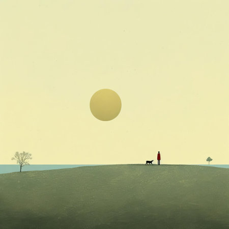 a man and a dog standing on a grassy hill, captured in a textured minimalist abstraction style reminiscent of golden age illustrations. the image showcases a beautiful horizon with hues of light yellow and red. this editorial illustration is presented in stunning 8k resolution, highlighting the primitive simplicity of the scene. ai generatedの素材