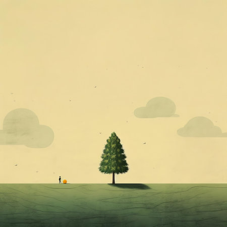 a cartoon tree stands prominently in the middle of a field, showcasing nostalgic minimalism. this editorial illustration captivates with its extraordinary juxtapositions and childlike figures. the color palette of dark yellow and light green adds to its charm, while the atmospheric clouds enhance the illustrative storytelling. ai generatedの素材